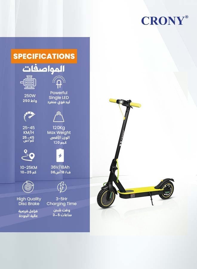 Crony M365 app Fast E-Scooter For Kids/Teens, Up To 45km/H, 250w Motor, 36v 7.8ah Battery, 8.5"Tires, App Controlled Lightweight Foldable With Led Headlights High-Speed Electric Scooter, Anti-Slip Deep-Tread Rubber Tires, Rear Disc Brake, 120kg Max Load, Smart Scooter With App Connectivity, Portable Aluminum Frame For Adults, Heavy-Duty, Travel-Ready Design – Yellow - Image 2